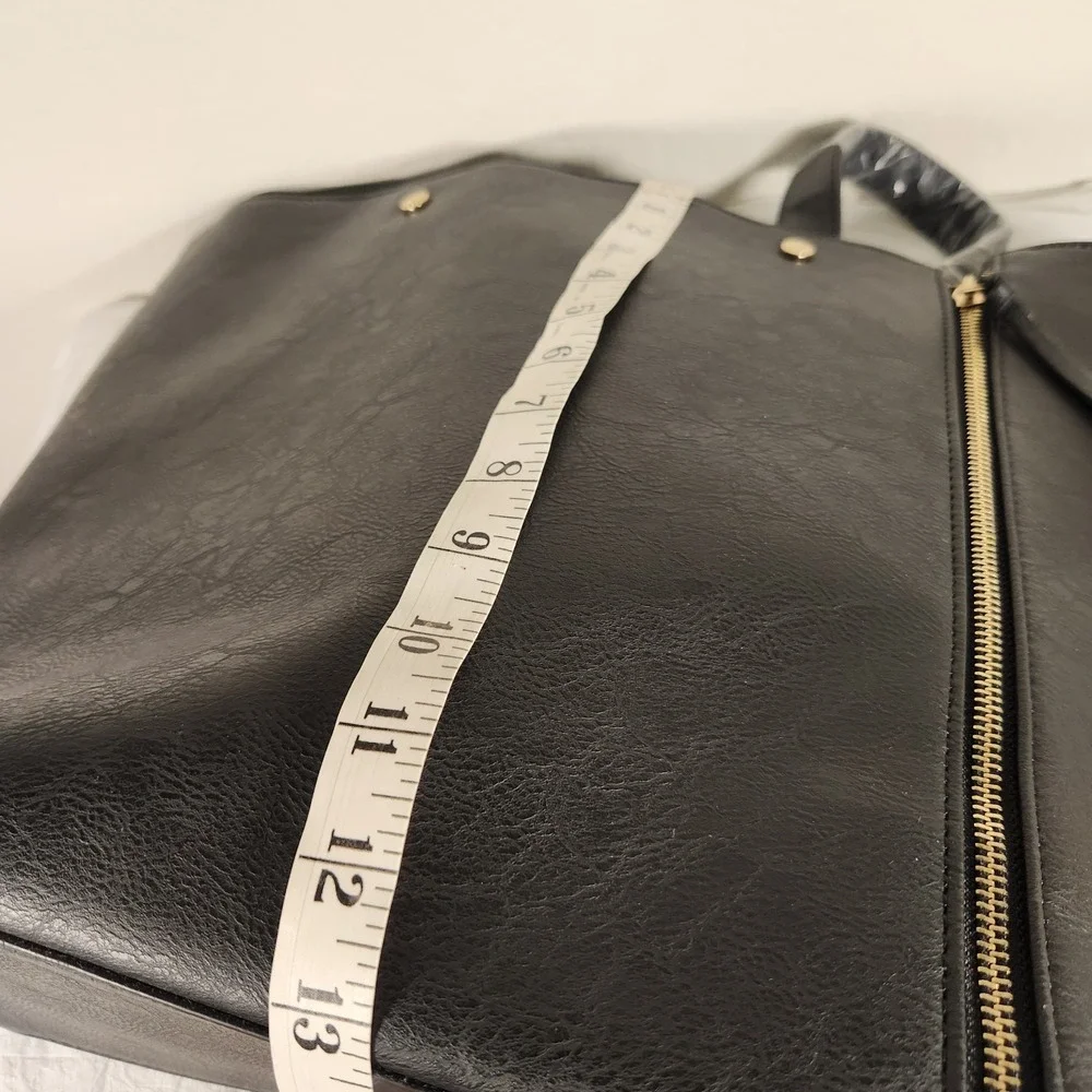 New Neiman Marcus Purse Black Vegan Leather Bucket Bag Tote Zippers Minimalist